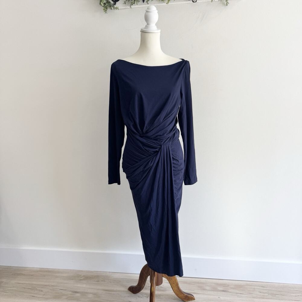 M.M. Lafleur Keiko Dress Boat Neck Maxi Jersey Large Navy Quiet Luxury YY7025